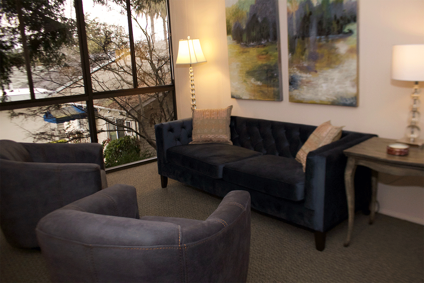 Office sofa, armchairs, art